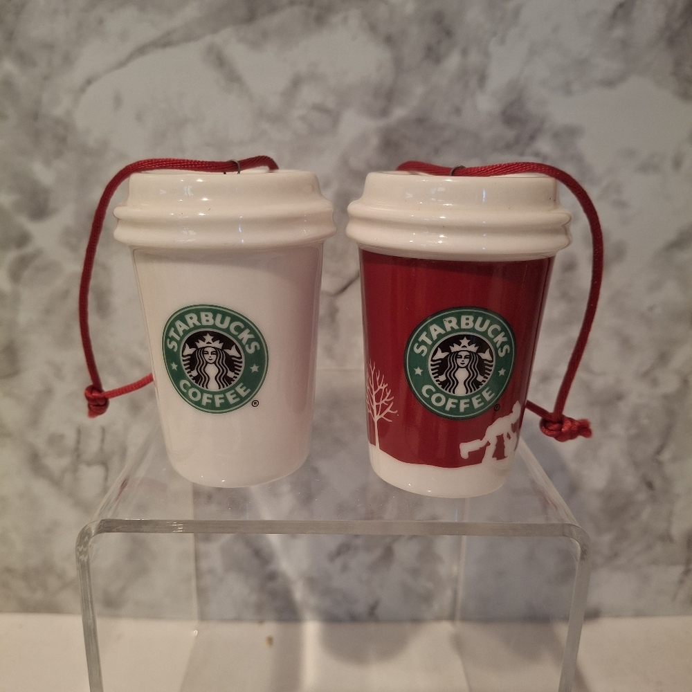 Starbucks 2006 Christmas To Go Cup Ornaments Holiday Red & White Ceramic No Box